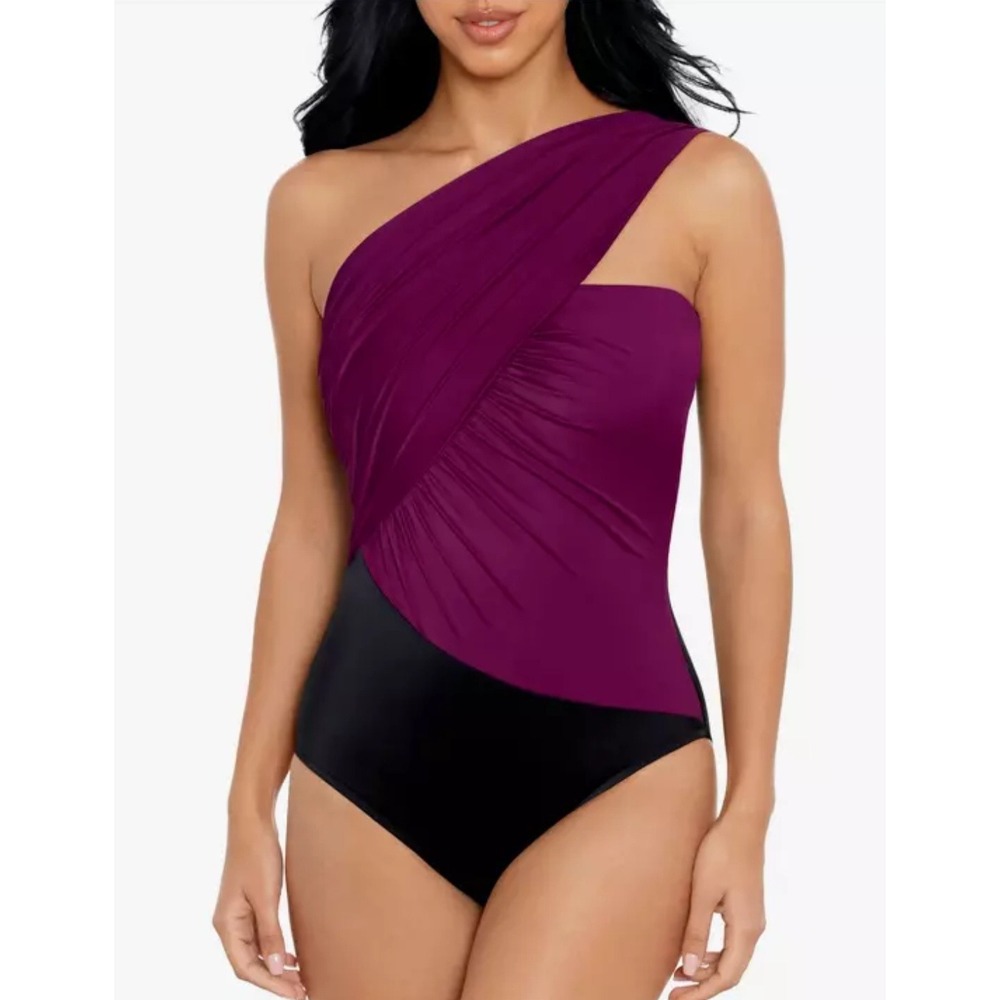 Elegant One-Shoulder Purple and Black Swimsuit